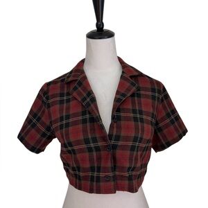 Cropped Plaid Button Up Shirt Red Black Short Sleeve XS/S